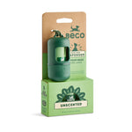 Beco dog poop bag dispenser in dark green, shown standing on its light green retail box with a brown cardboard backing card. The packaging reads 'Beco', 'Poop Bag Spenser', 'Unscented', and 'Extra Large'.