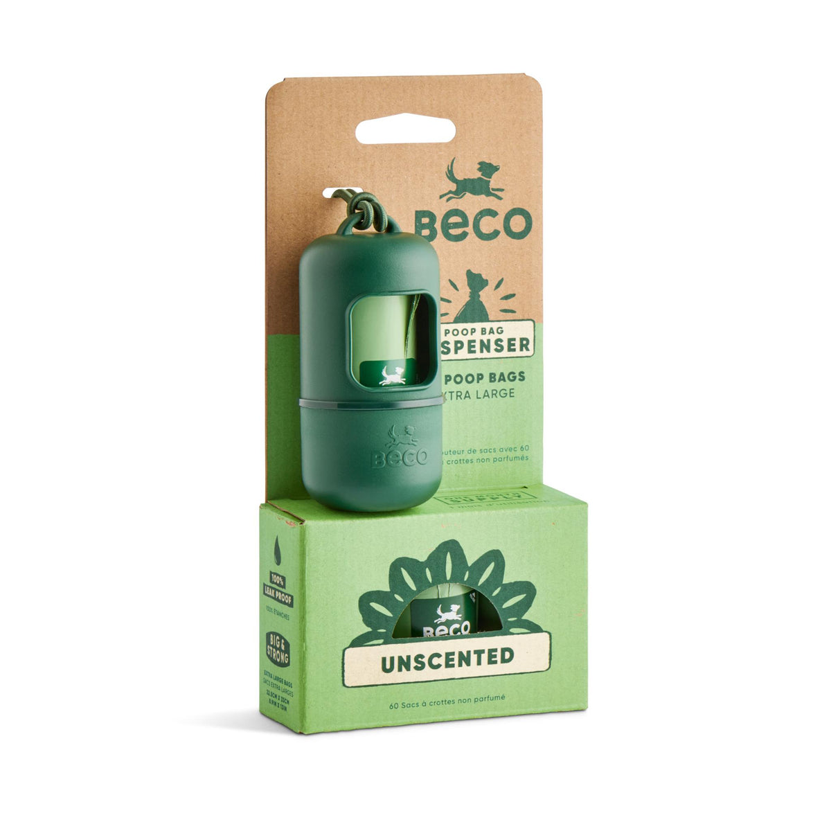 Beco dog poop bag dispenser in dark green, shown standing on its light green retail box with a brown cardboard backing card. The packaging reads 'Beco', 'Poop Bag Spenser', 'Unscented', and 'Extra Large'.