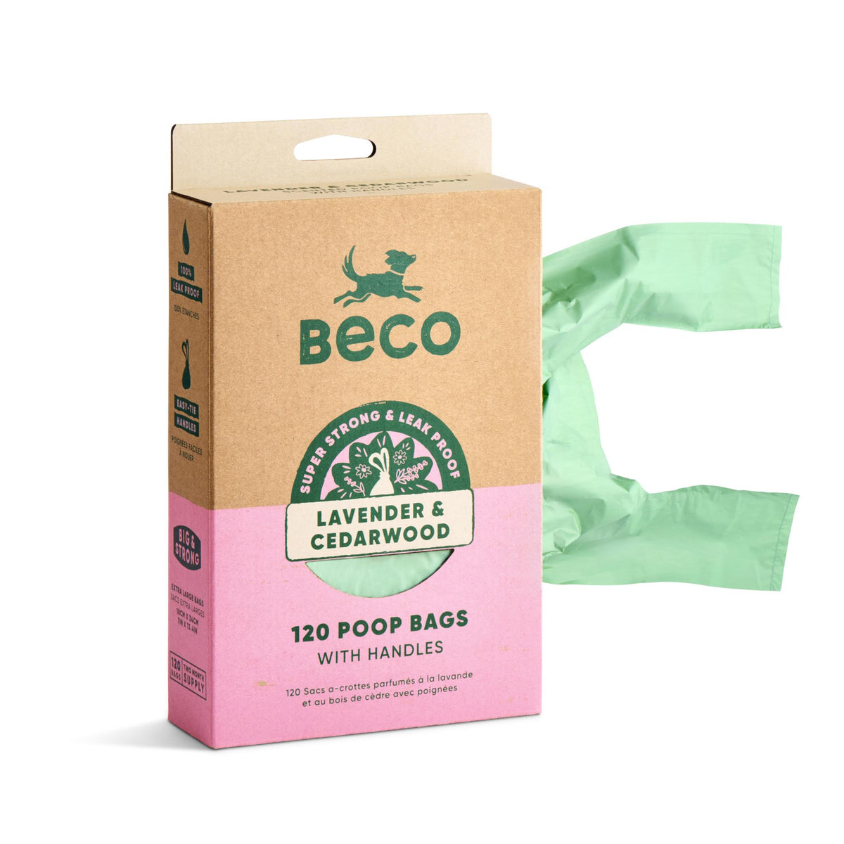Beco dog poop bags in a kraft paper box with a pink lower section, shown next to several light mint green poop bags on a white background.