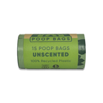 Roll of unscented poop bags with green packaging on a white background