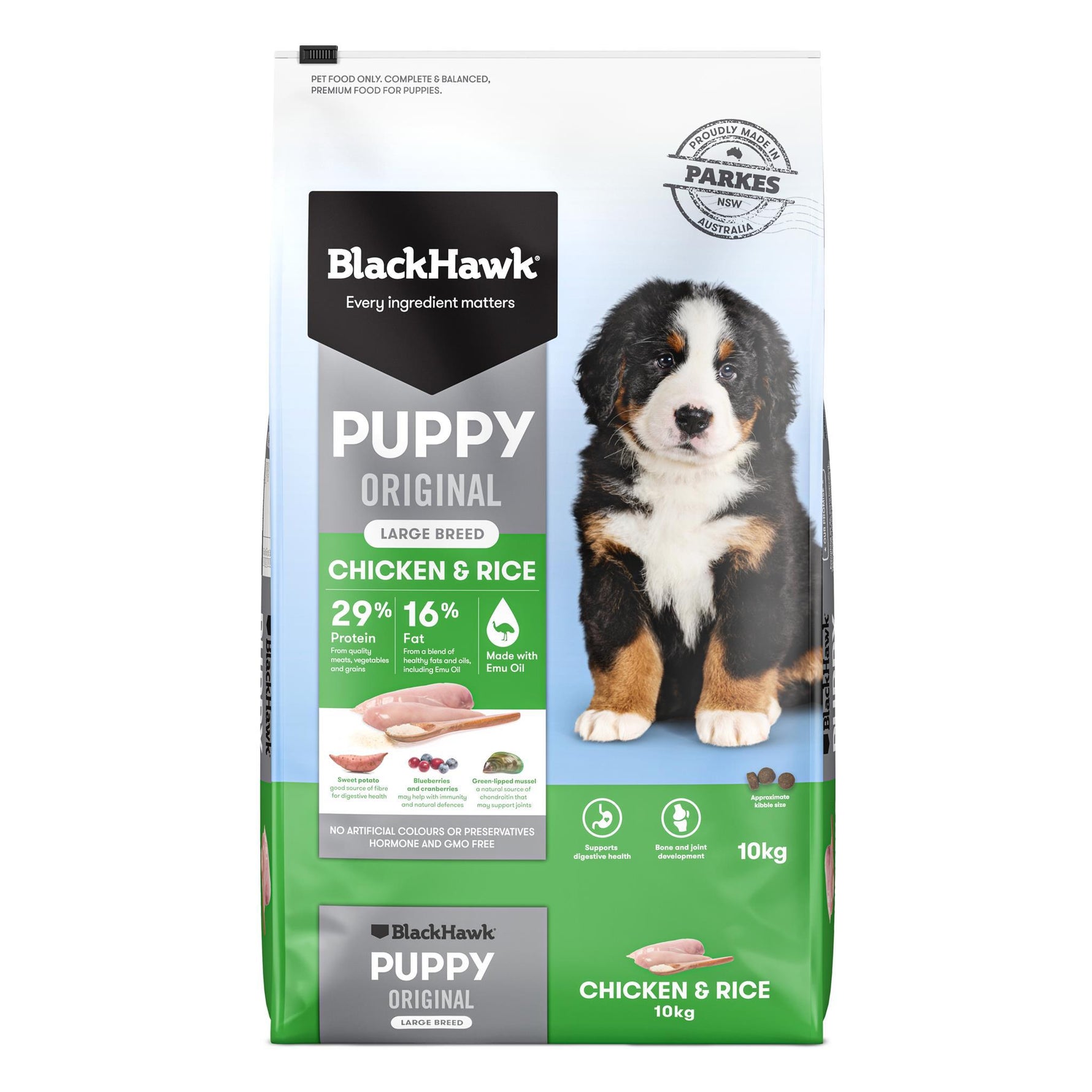 Black Hawk Puppy Original Chicken & Rice dog food package on a white background