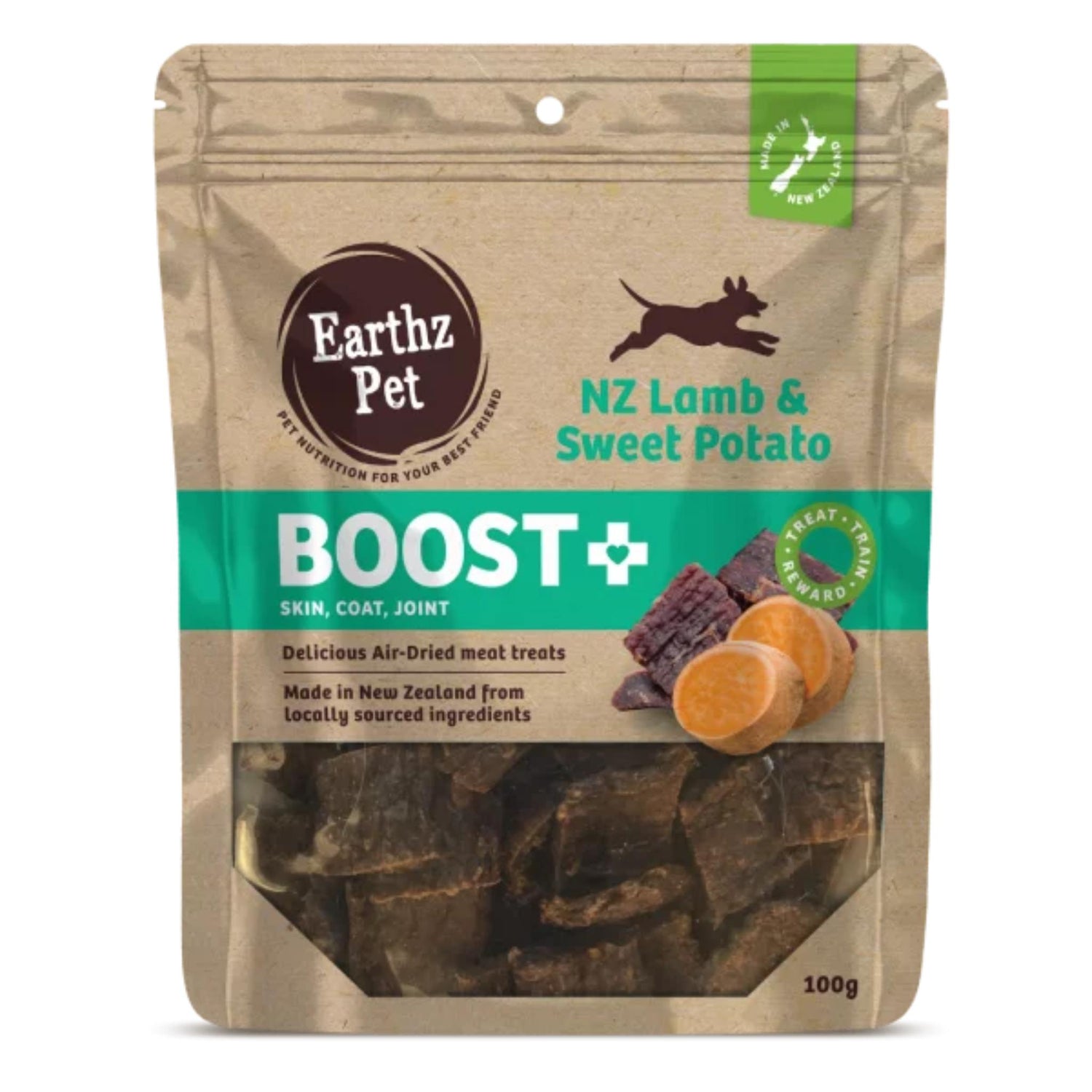 Earthz PetNZ Lamb & Sweet Potato Boost+ treat package on a white background