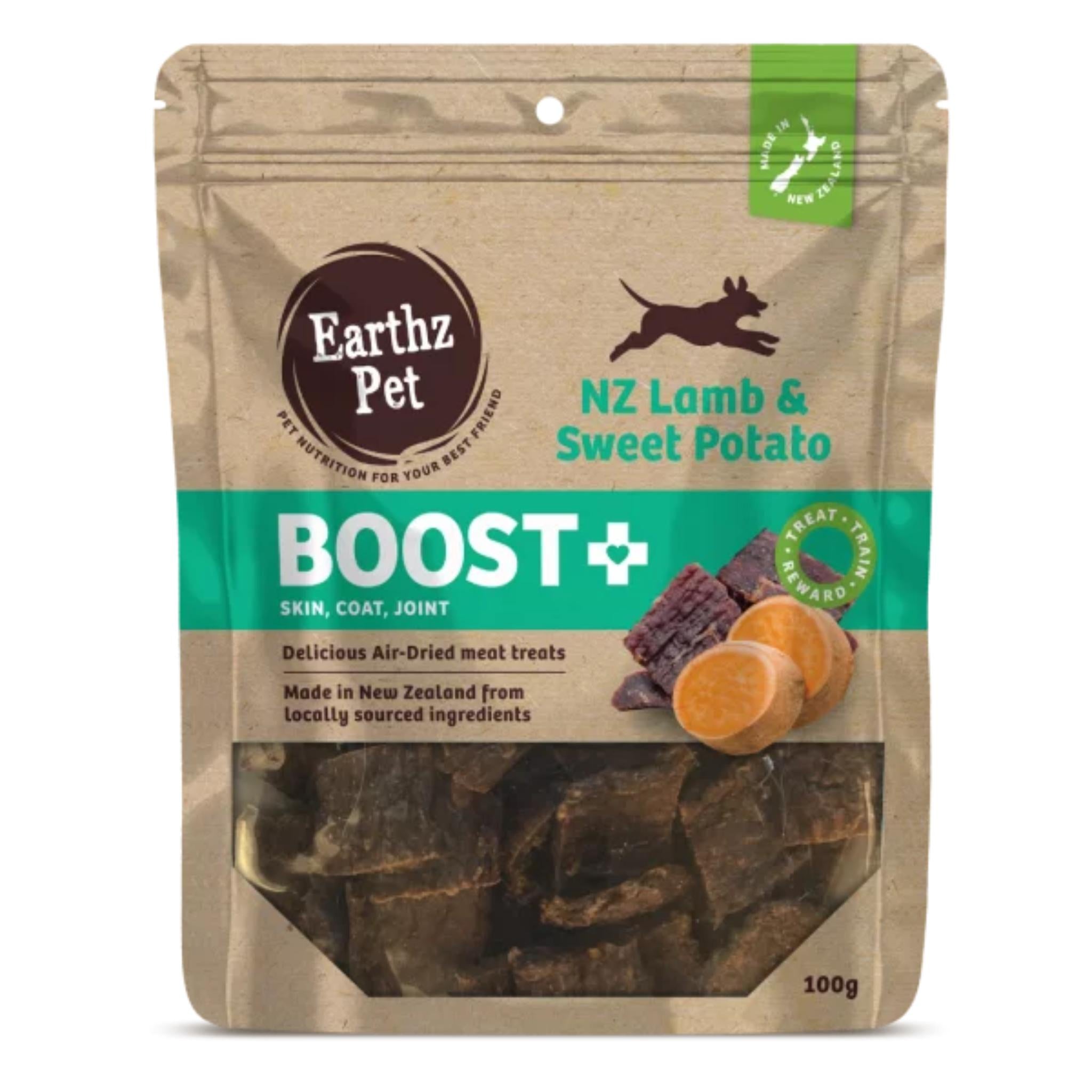 Earthz PetNZ Lamb & Sweet Potato Boost+ treat package on a white background