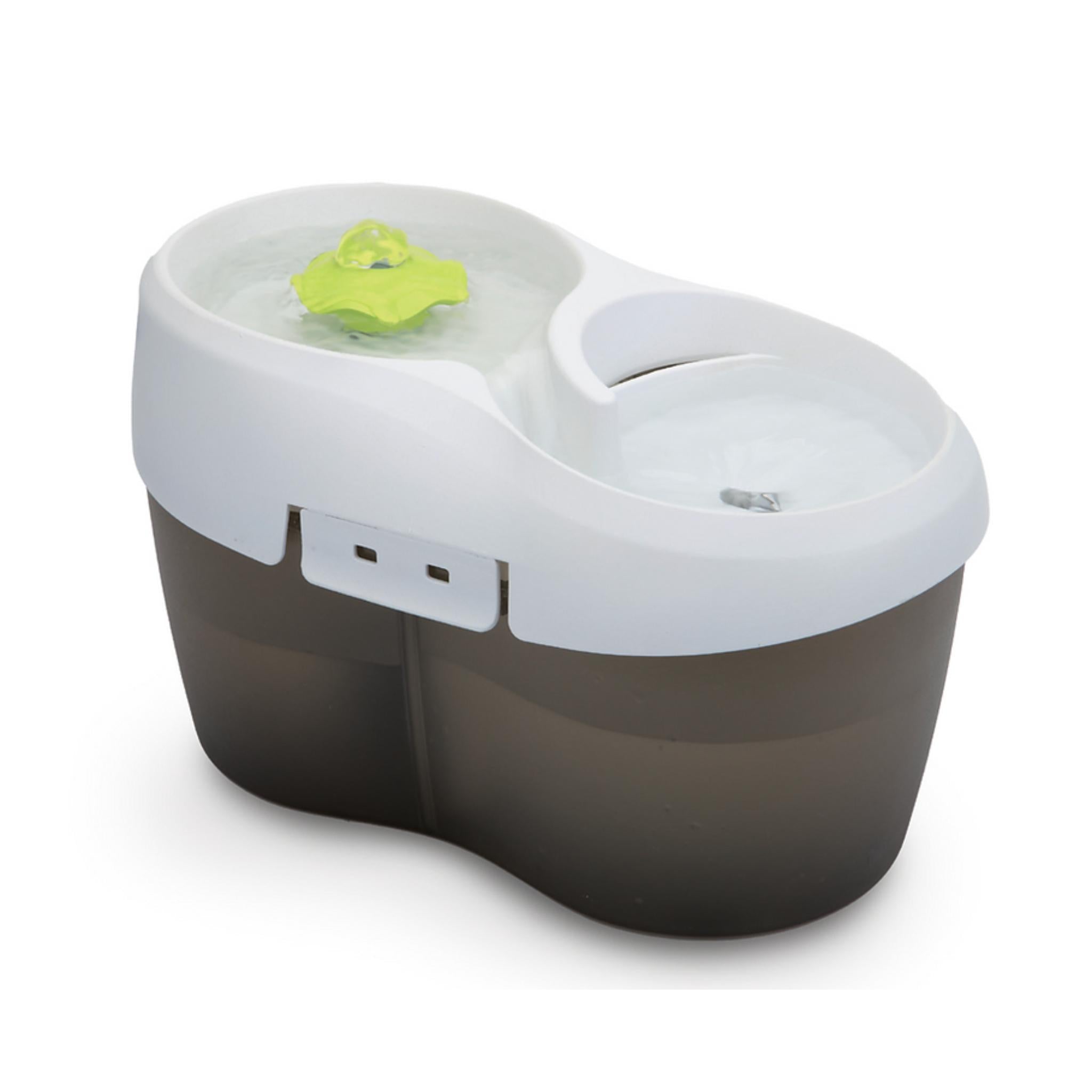 Pet water fountain with a white top and brown base on a white background