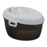 Black and white plastic container with a lid on a white background