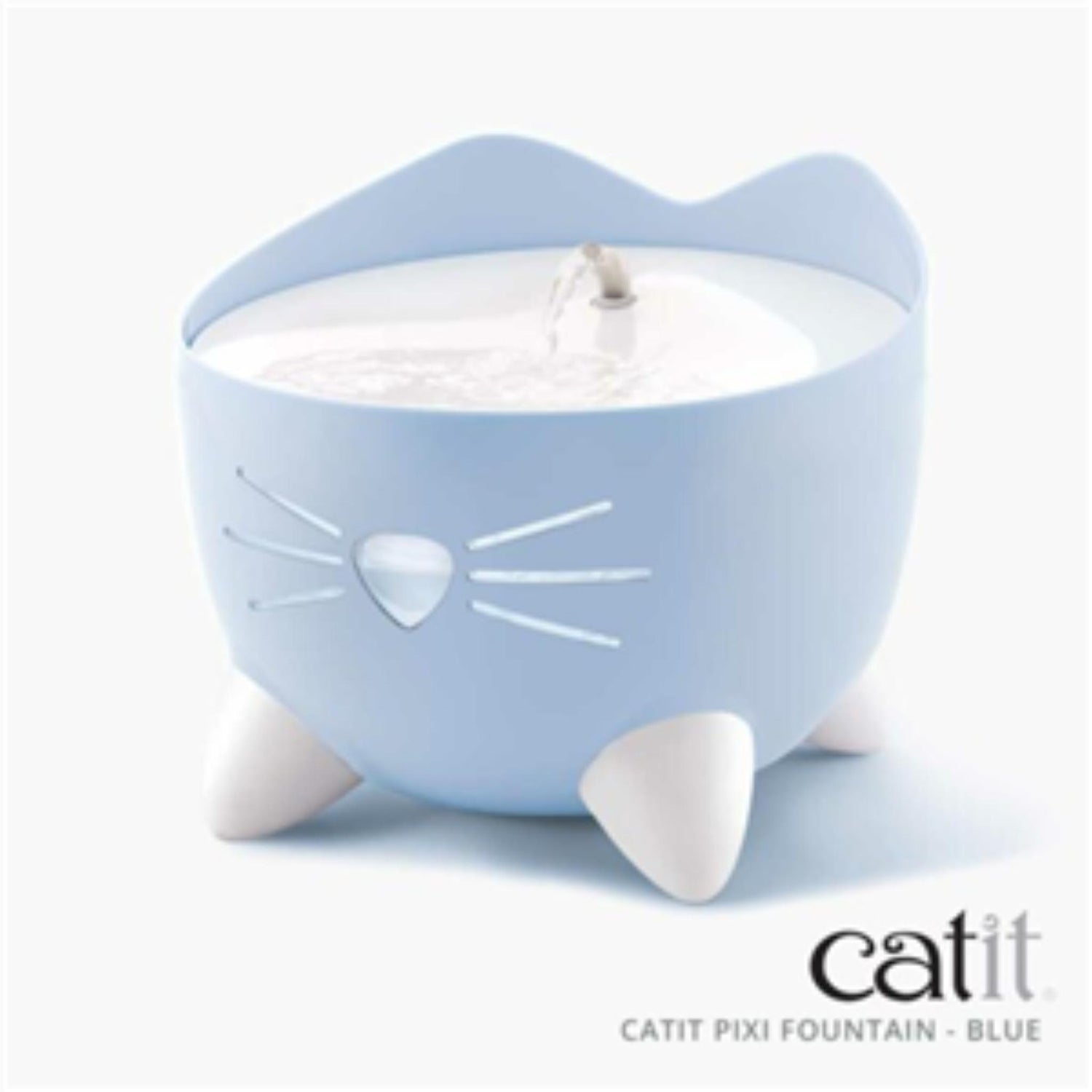 Blue cat-shaped water fountain with 'catit' branding on a white background