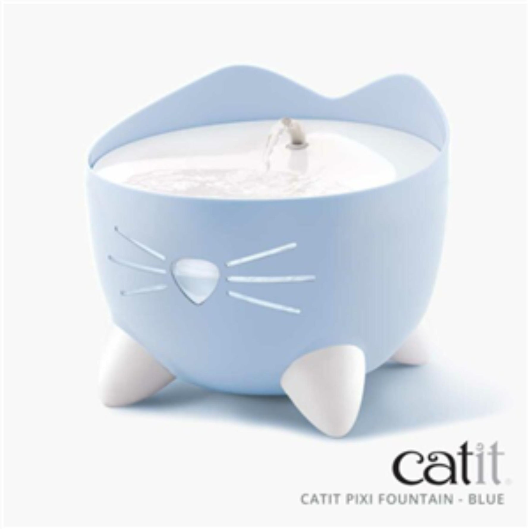 Blue cat-shaped water fountain with 'catit' branding on a white background
