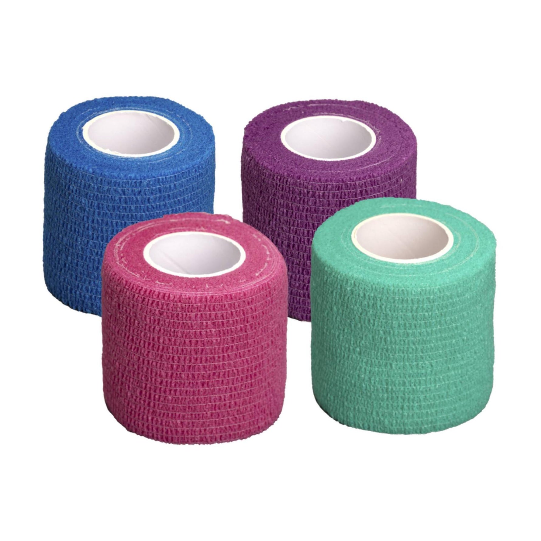 Four rolls of textured athletic tape in blue, purple, pink, and mint green, arranged on a plain white background.