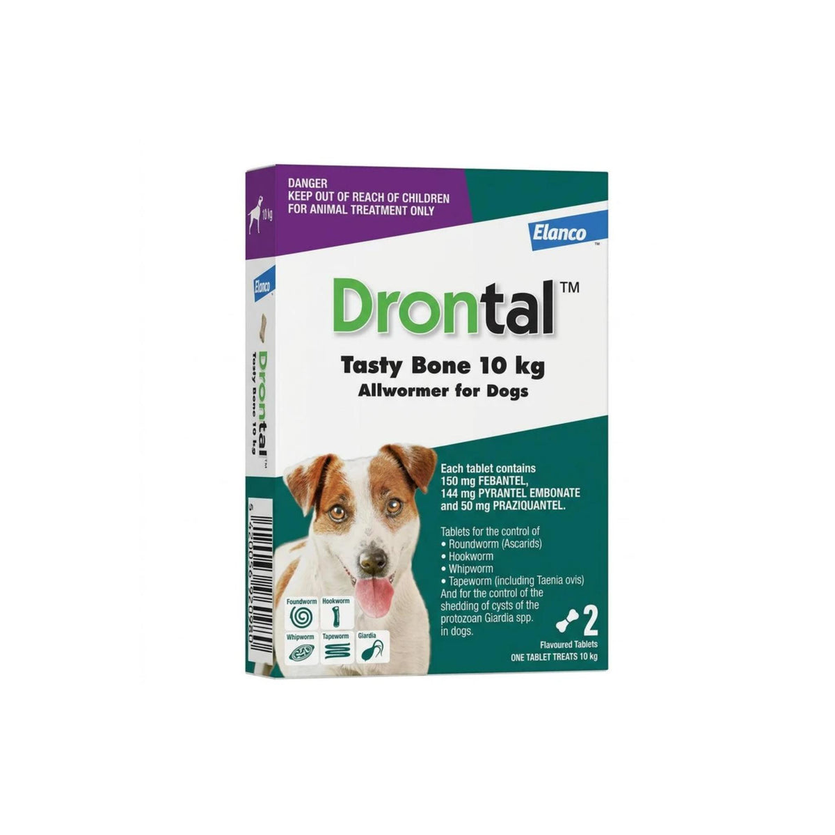 Elanco Drontal Tasty Bone 10 kg Allwormer for Dogs box, featuring a white, green, and purple design with a photo of a dog on the front.