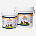 Two buckets of Dynavite Prime Oseticol and Oseticol on a white background, supplement for horses joints, bone and muscle support.