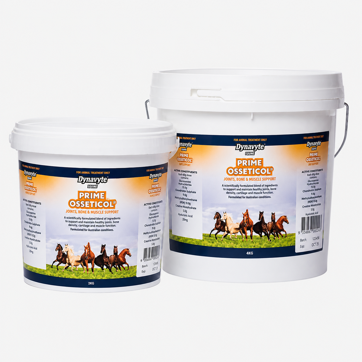 Two buckets of Dynavite Prime Oseticol and Oseticol on a white background, supplement for horses joints, bone and muscle support.