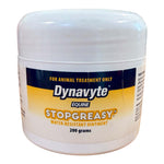 A white plastic jar of Dynavyte Equine Stopgreasy Water Resistant Ointment, 200 grams, on a white background.