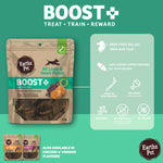 Earthz Pet Boost+ dog treat package with product details on a green background