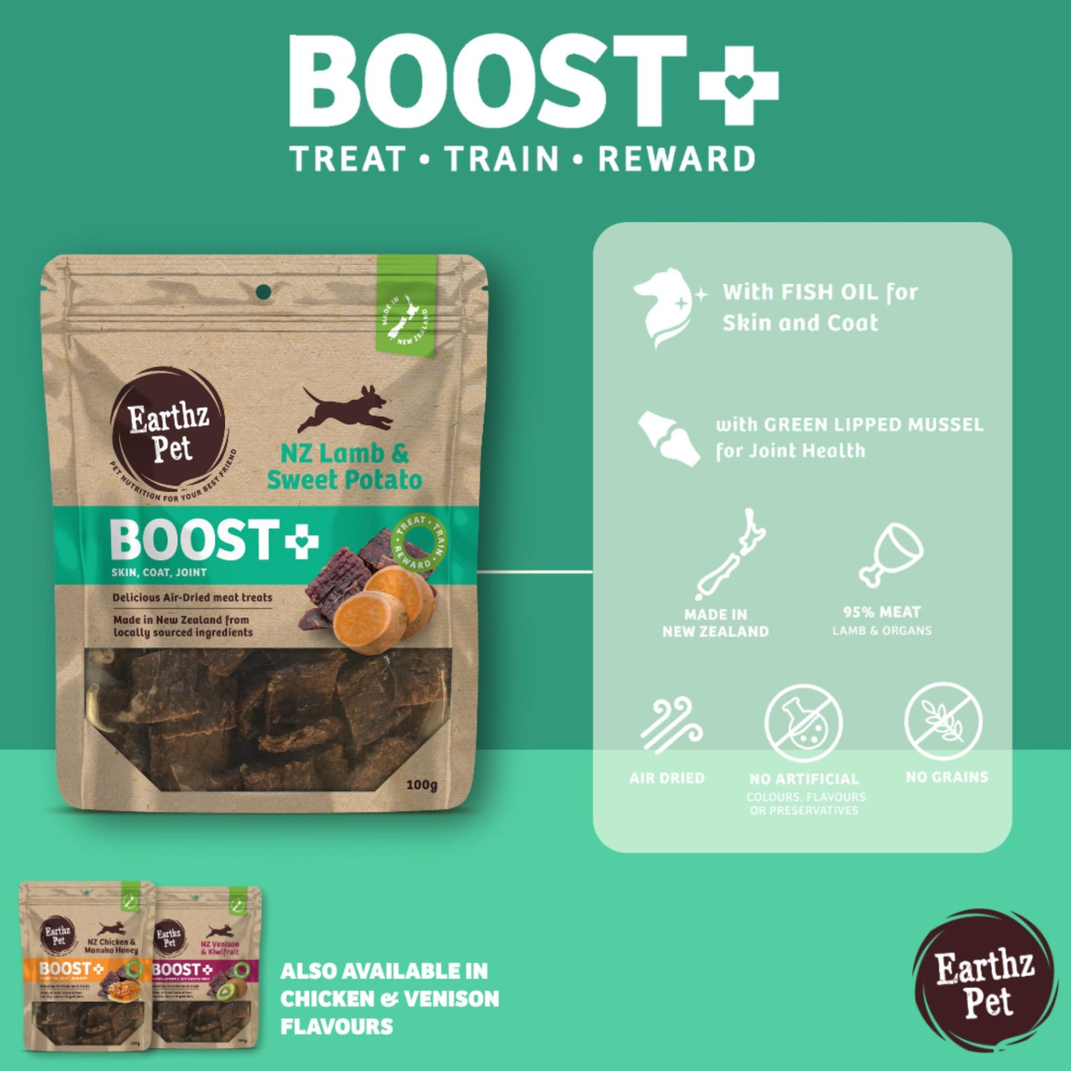 Earthz Pet Boost+ dog treat package with product details on a green background