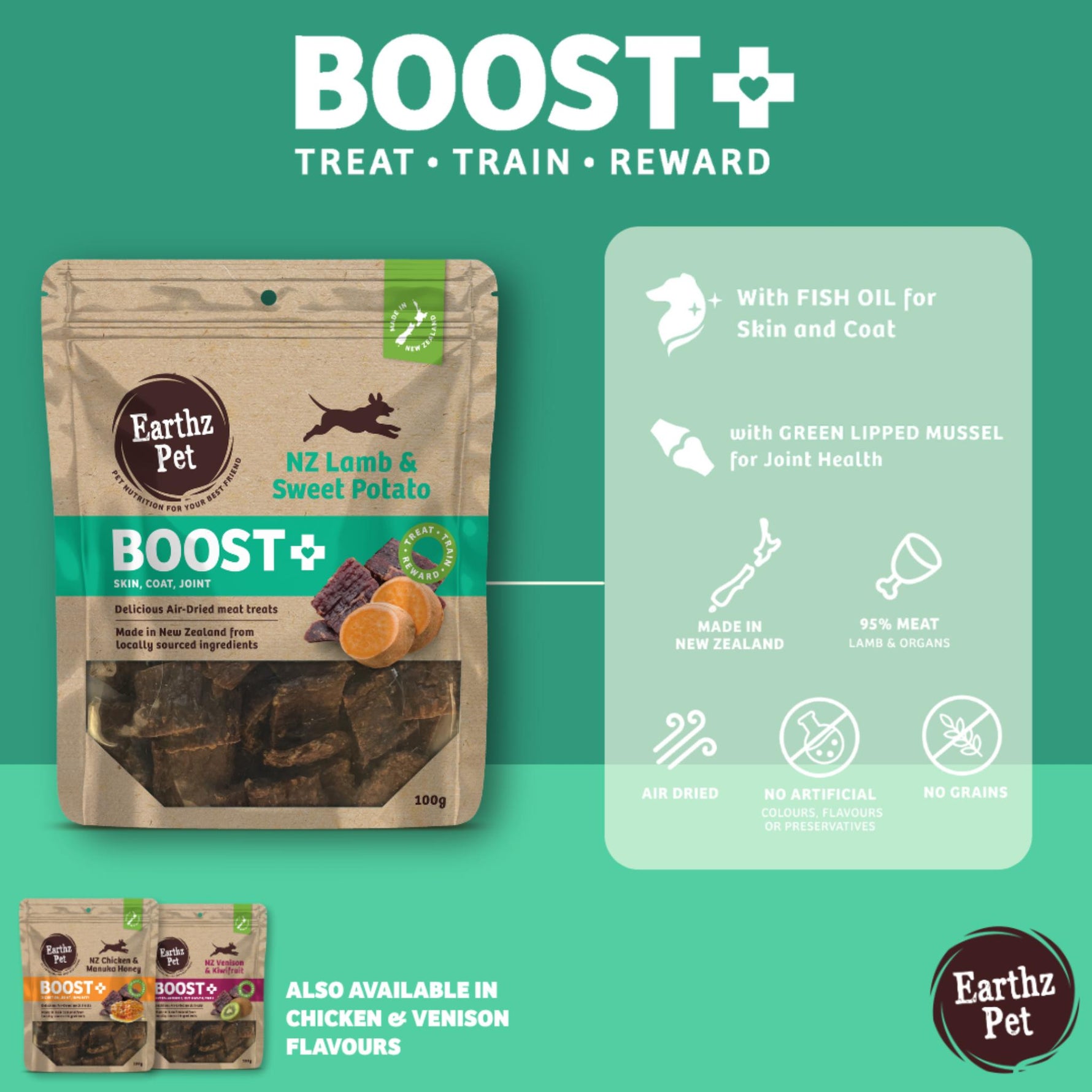 Earthz Pet Boost+ dog treat package with product details on a green background