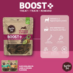 Earthz Pet Boost+ dog treat packaging with product details on a pink background
