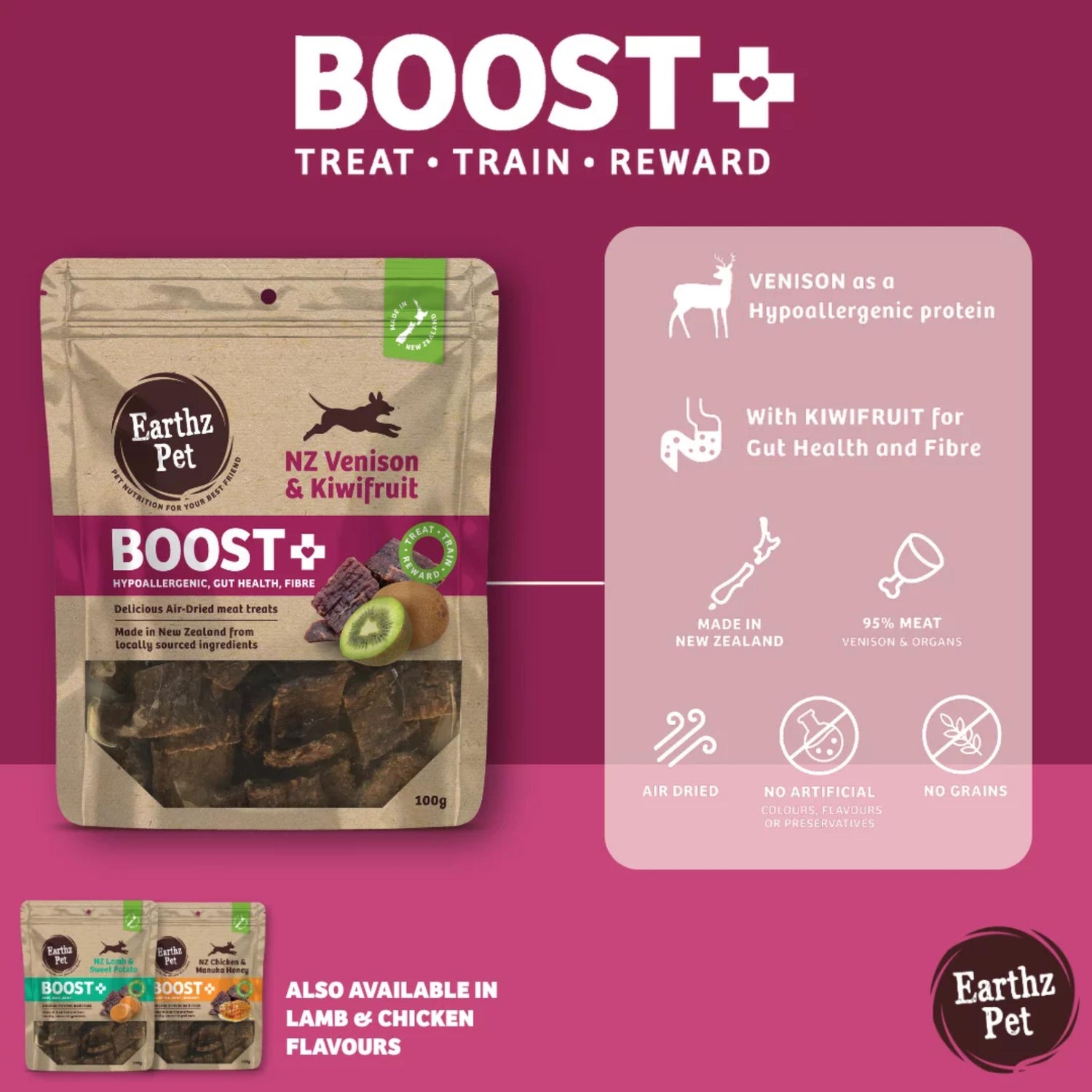 Earthz Pet Boost+ dog treat packaging with product details on a pink background