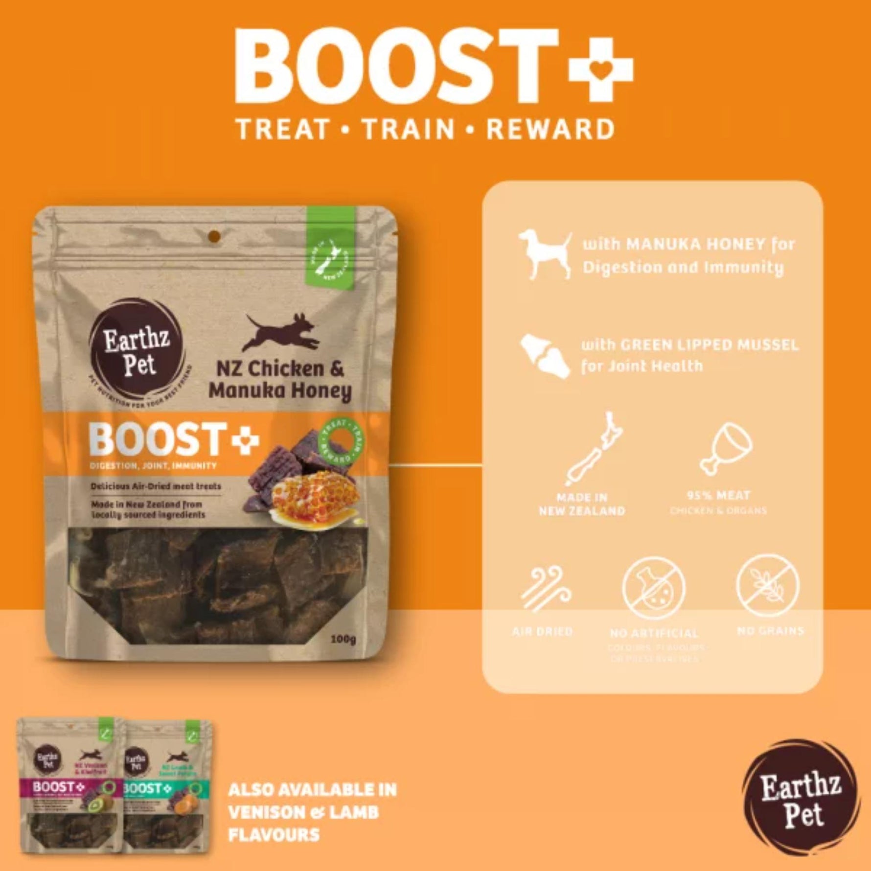 Earthz Pet Boost+ dog treat packaging on an orange background