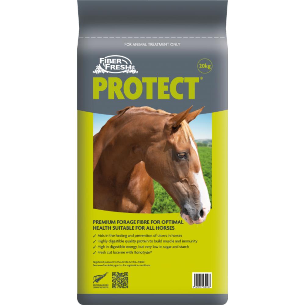 Fiber Fresh Protect horse feed bag with a horse on the label