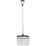 stable fork/rake with a long handle on a white background