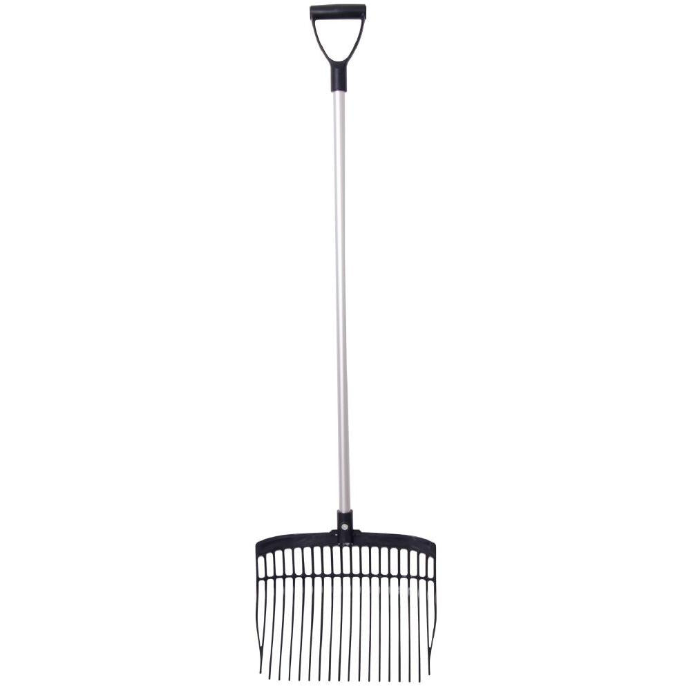stable fork/rake with a long handle on a white background