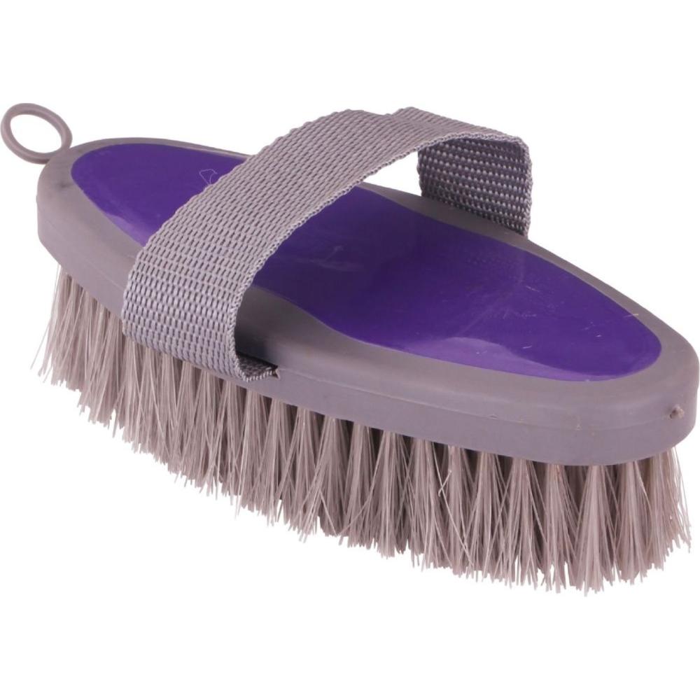 Pet grooming brush with blue handle and grey bristles on a white background