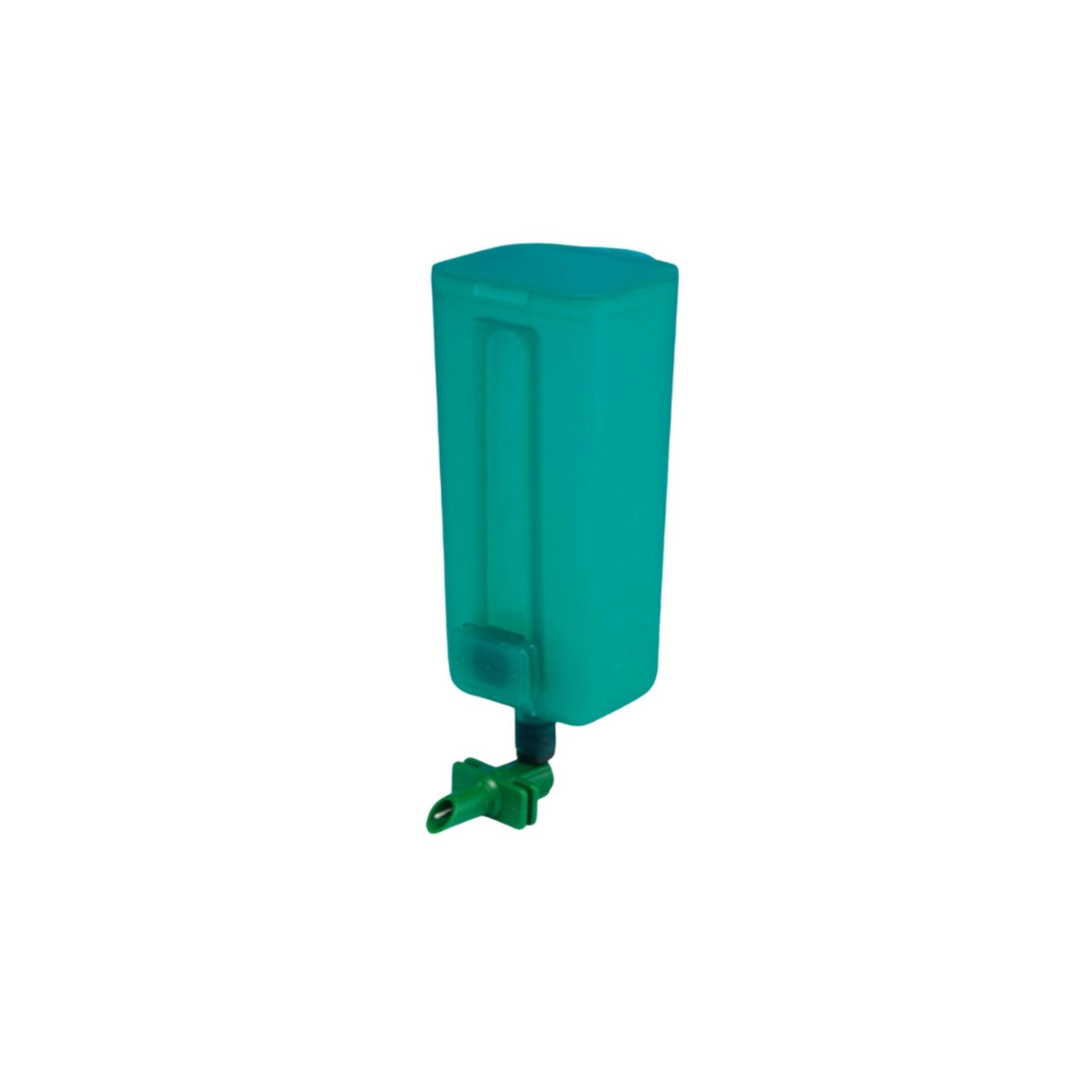 A translucent teal plastic container with a green spout and cap, isolated on a solid white background.