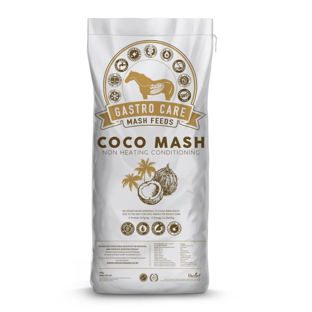 A bag of Harvest Grains Coco Mash horse feed with a label that includes an image of a horse and text detailing the product's benefits for horse gut health.