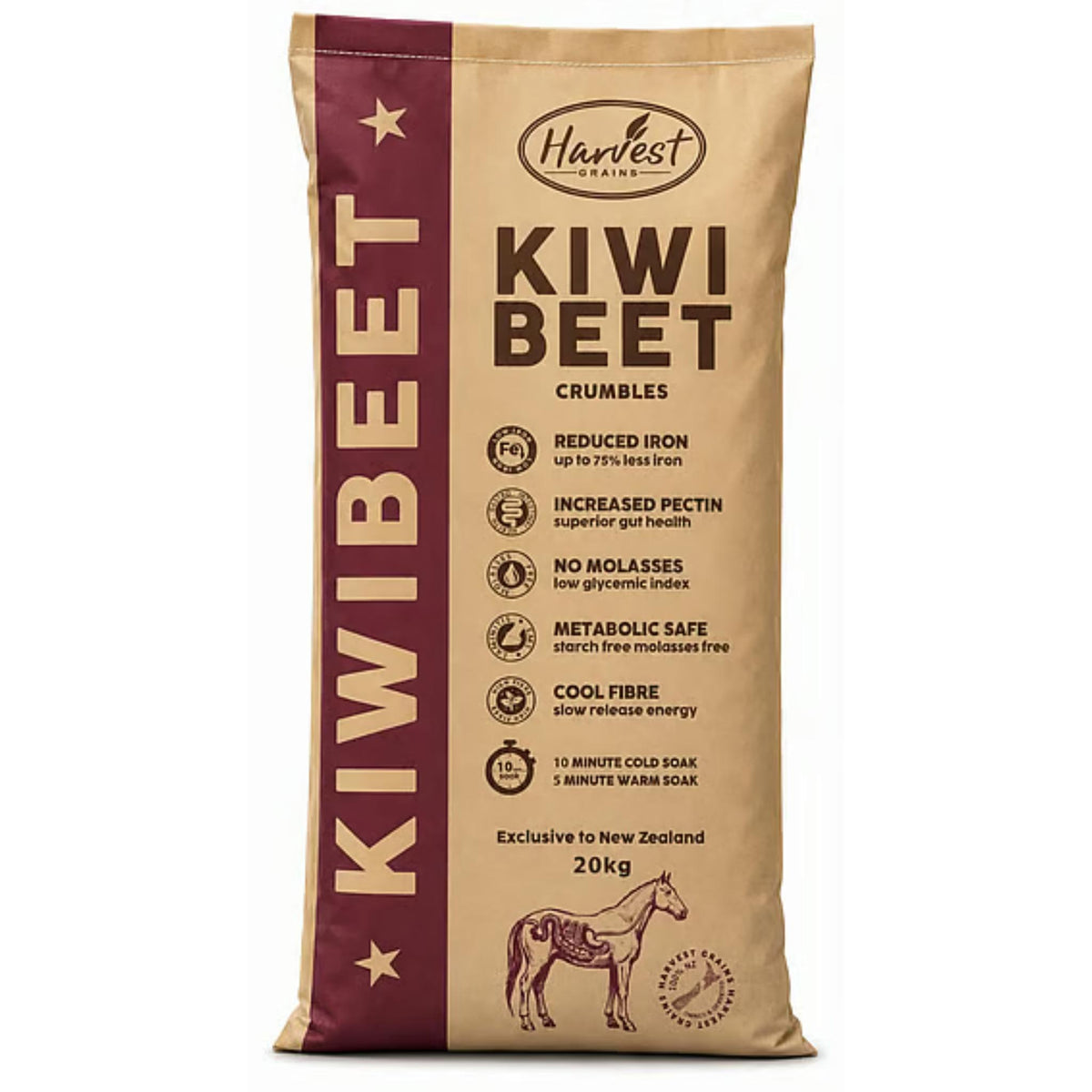 A 20kg bag of Harvest Grain Kiwi Beet Crumbles horse feed supplement, featuring a kraft paper bag with a dark maroon side panel and text.