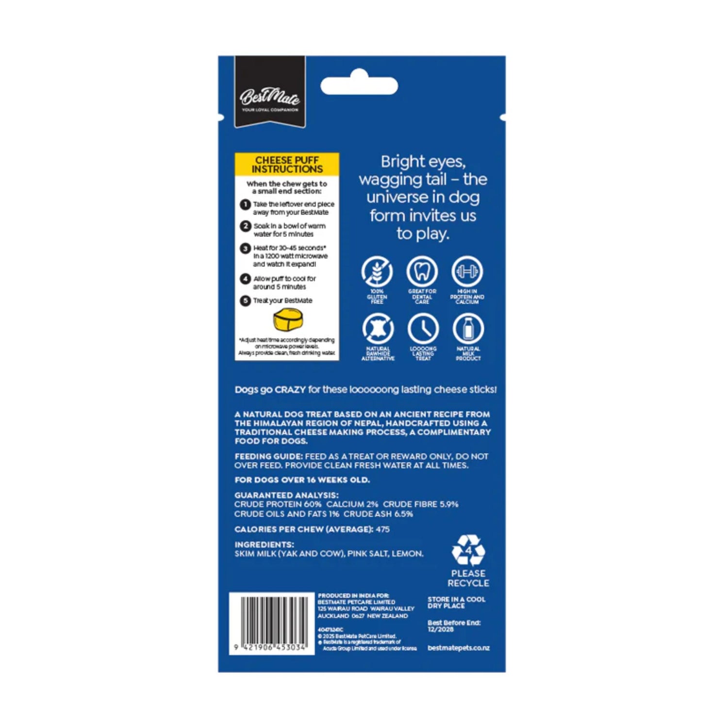 Dog treat package with blue label and white background