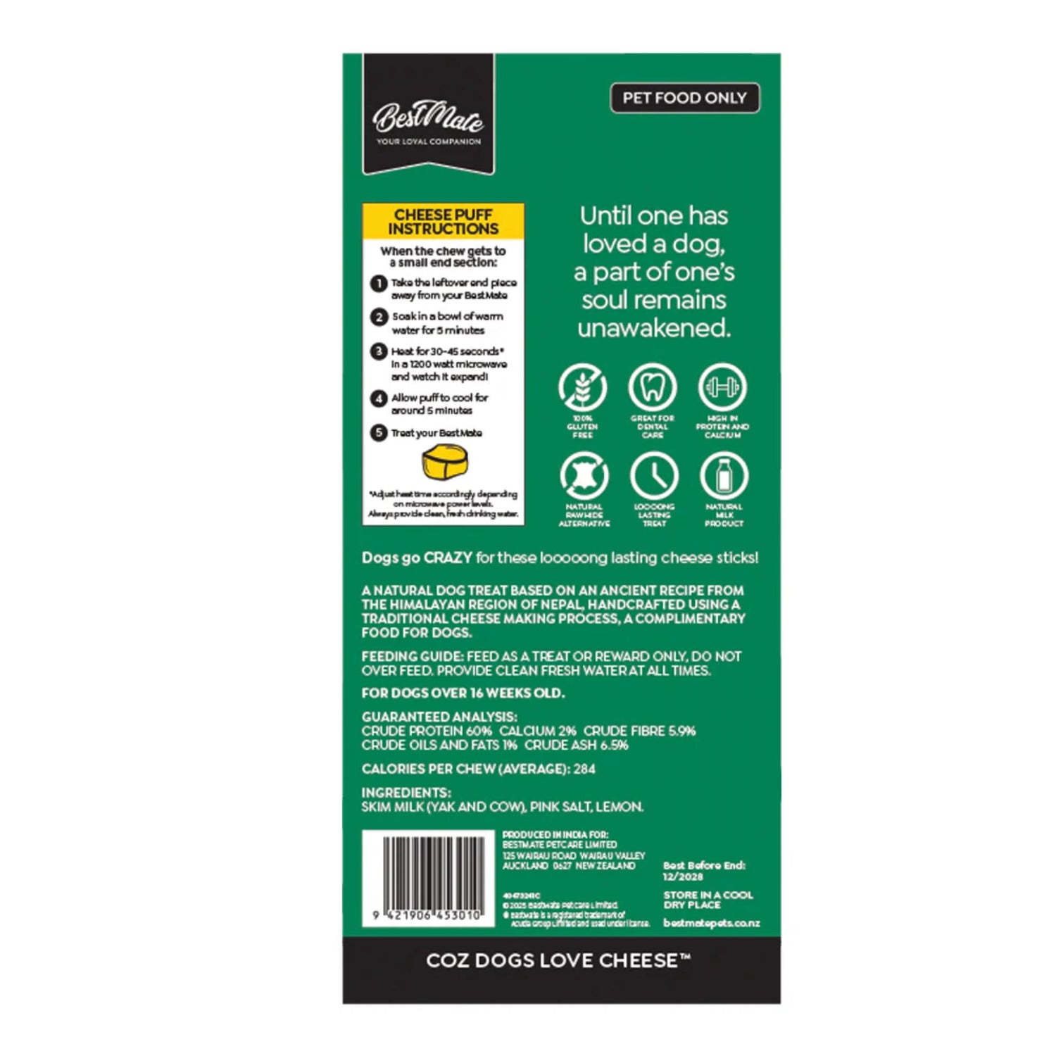Back of a Best Mate pet food package with text and graphics on a green background