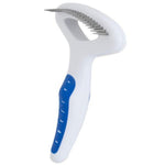 A pet grooming brush with a white plastic body, a blue textured grip handle, and silver metal teeth along the top, shown against a plain white background.