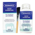 Keratec Hoof Hardener kit including a blue and white product box, a white bottle with a white cap, and a small brush with a wooden handle, shown on a plain white background.