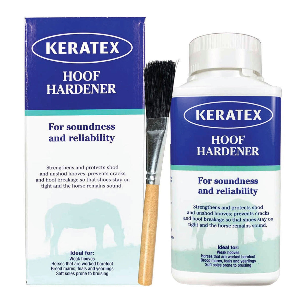 Keratec Hoof Hardener kit including a blue and white product box, a white bottle with a white cap, and a small brush with a wooden handle, shown on a plain white background.