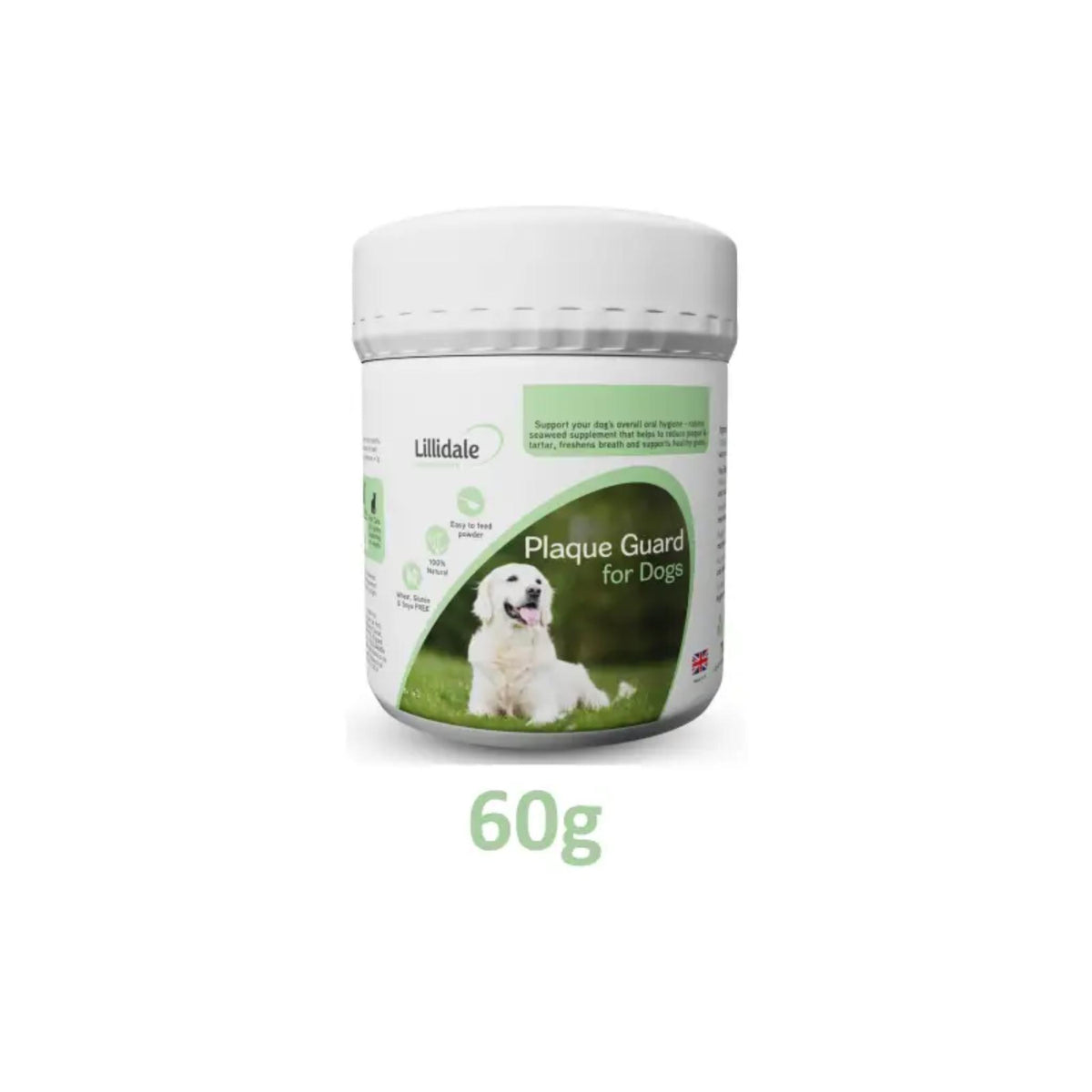 A white plastic jar of Lilldale Plaque Guard for Dogs, 60g, featuring a label with a golden retriever on a green background, set against a plain white studio backdrop.