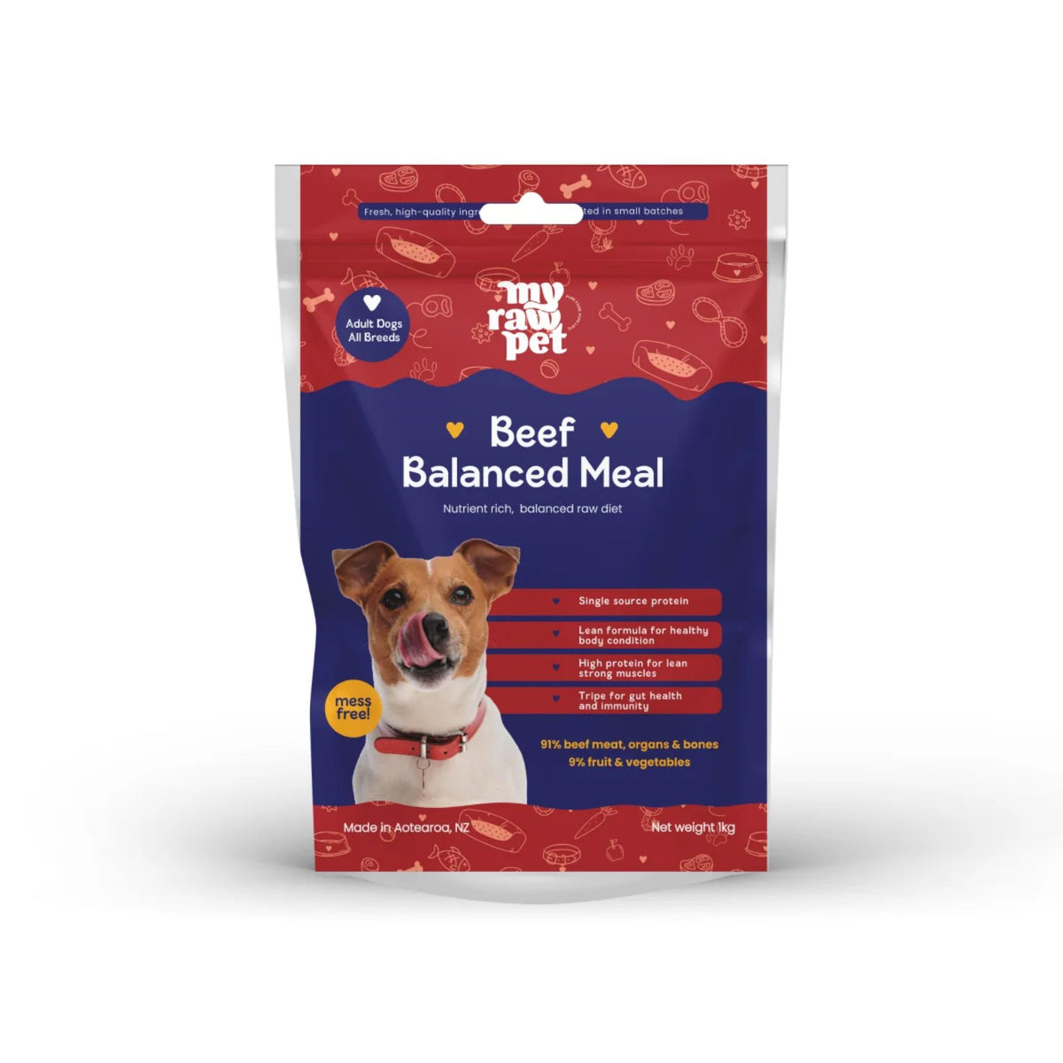 Dog food package with red and blue design featuring a dog on a white background