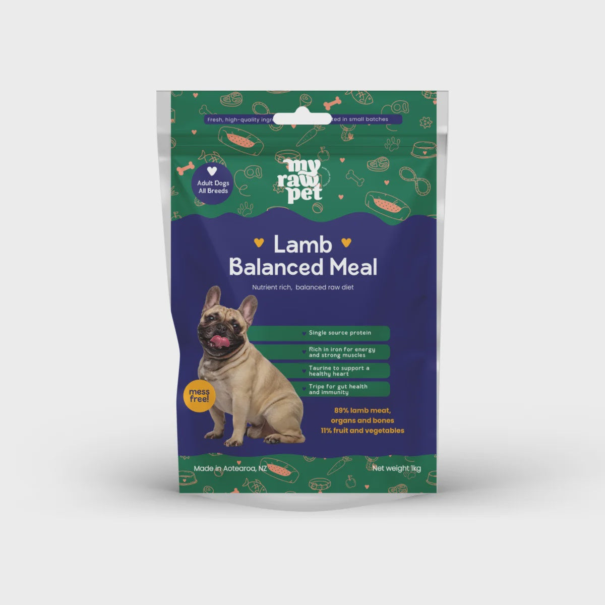 Dog food package labeled 'Lamb Balanced Meal' by My Raw Pet on a white background