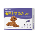 A box of Neovela for Dogs 2.6-5kg veterinary treatment, featuring a purple and white design with a picture of a brown poodle and yellow text.