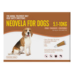 Neovela for Dogs 5.1-10kg veterinary treatment box showing a beagle dog illustration, with yellow text on a brown and white package.