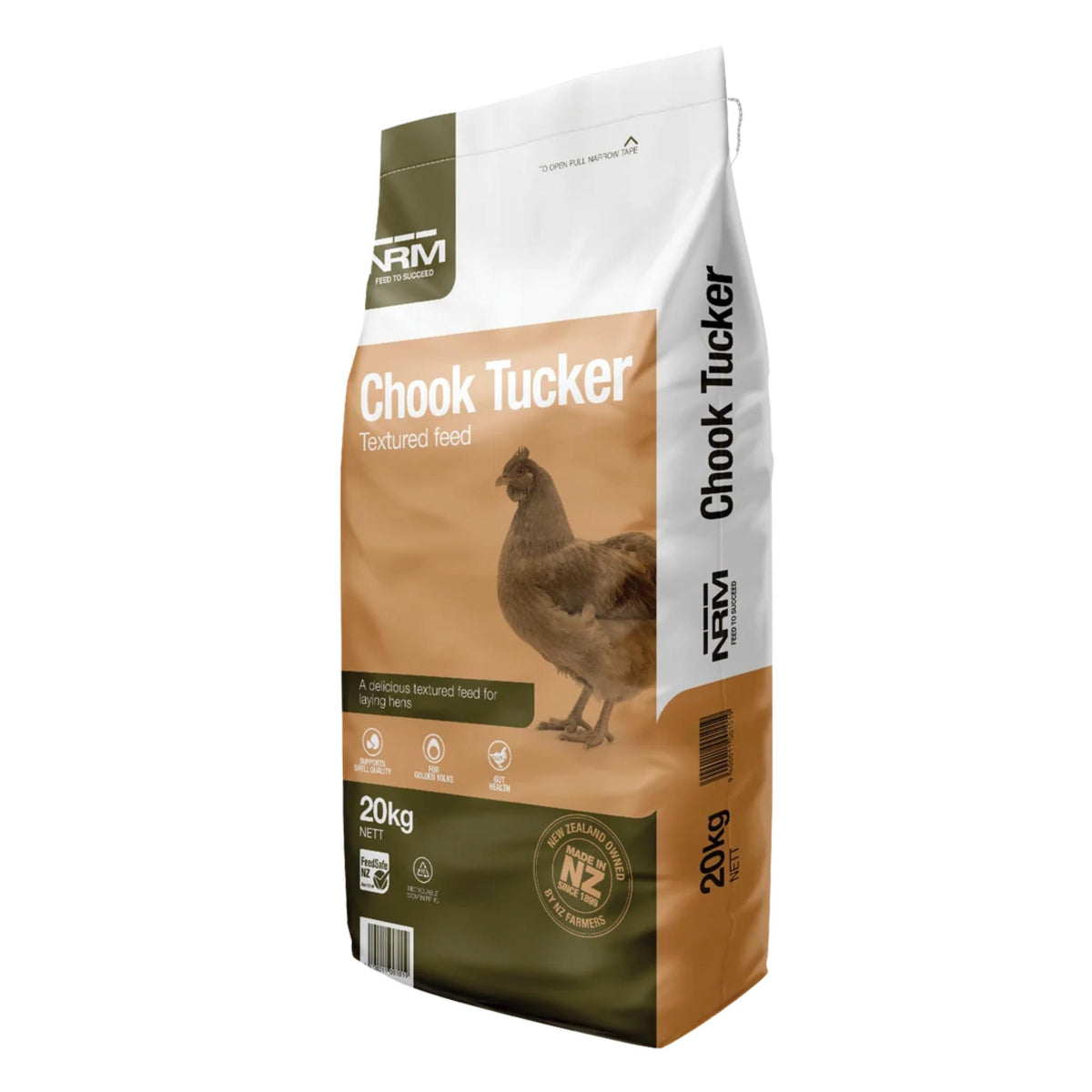 A 20kg bag of NRM Chook Tucker textured feed for layer hens, featuring a white and brown design with an illustration of a hen on the front.