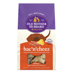 A bag of Old Mother Hubbard 'bac'n'cheez' Small Oven Baked Dog Biscuits. The packaging features a purple top section with the brand logo, a white middle section with a cartoon dog illustration, and an orange bottom section displaying the dog biscuits through a clear window.