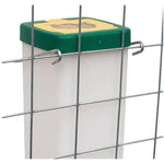 Poultry drinker for chicks shown hanging from a cage