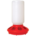 Red and white plastic chicken feeder on a white background