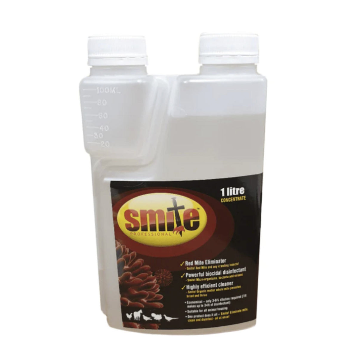 A 1 litre plastic bottle of Smite Professional Concentrate disinfectant with a clear upper section showing liquid level and a black label with the Smite logo.