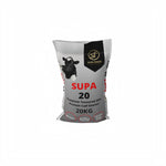 A 20kg bag of SUPA Feeds 'Supa 20' protein calf starter, featuring a gray and black packaging design with a cow illustration and red text, set against a plain white background.