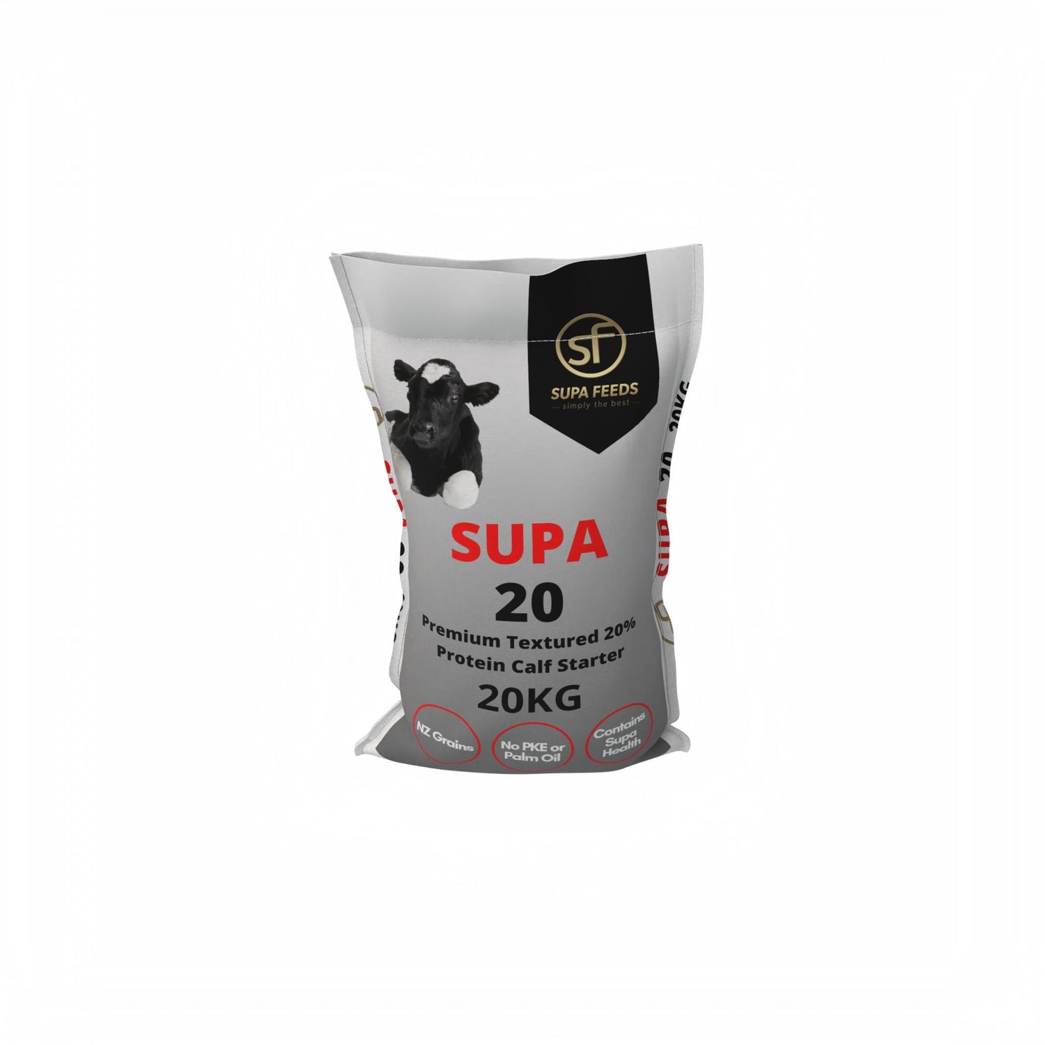A 20kg bag of SUPA Feeds 'Supa 20' protein calf starter, featuring a gray and black packaging design with a cow illustration and red text, set against a plain white background.