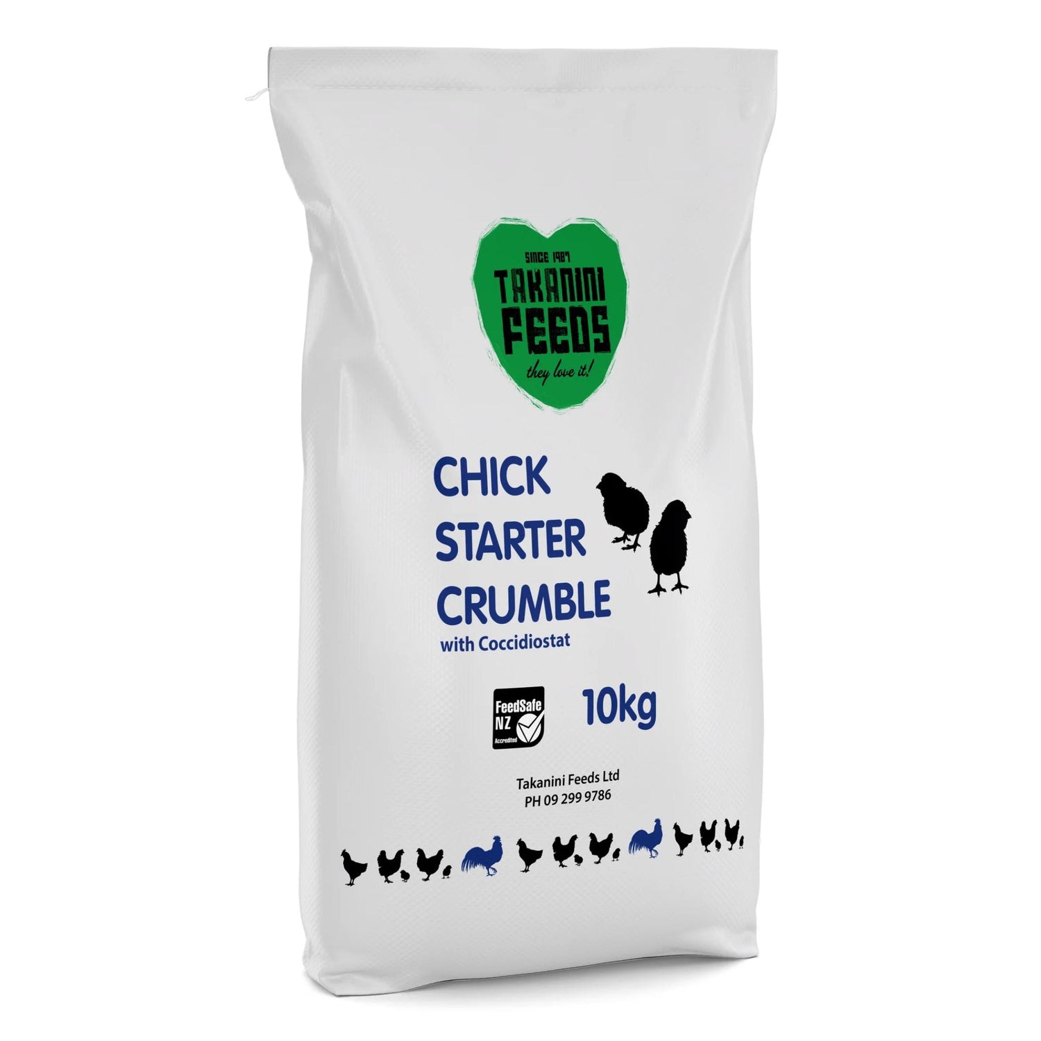 Takanini Feeds Chick Starter Crumble package on a white background
