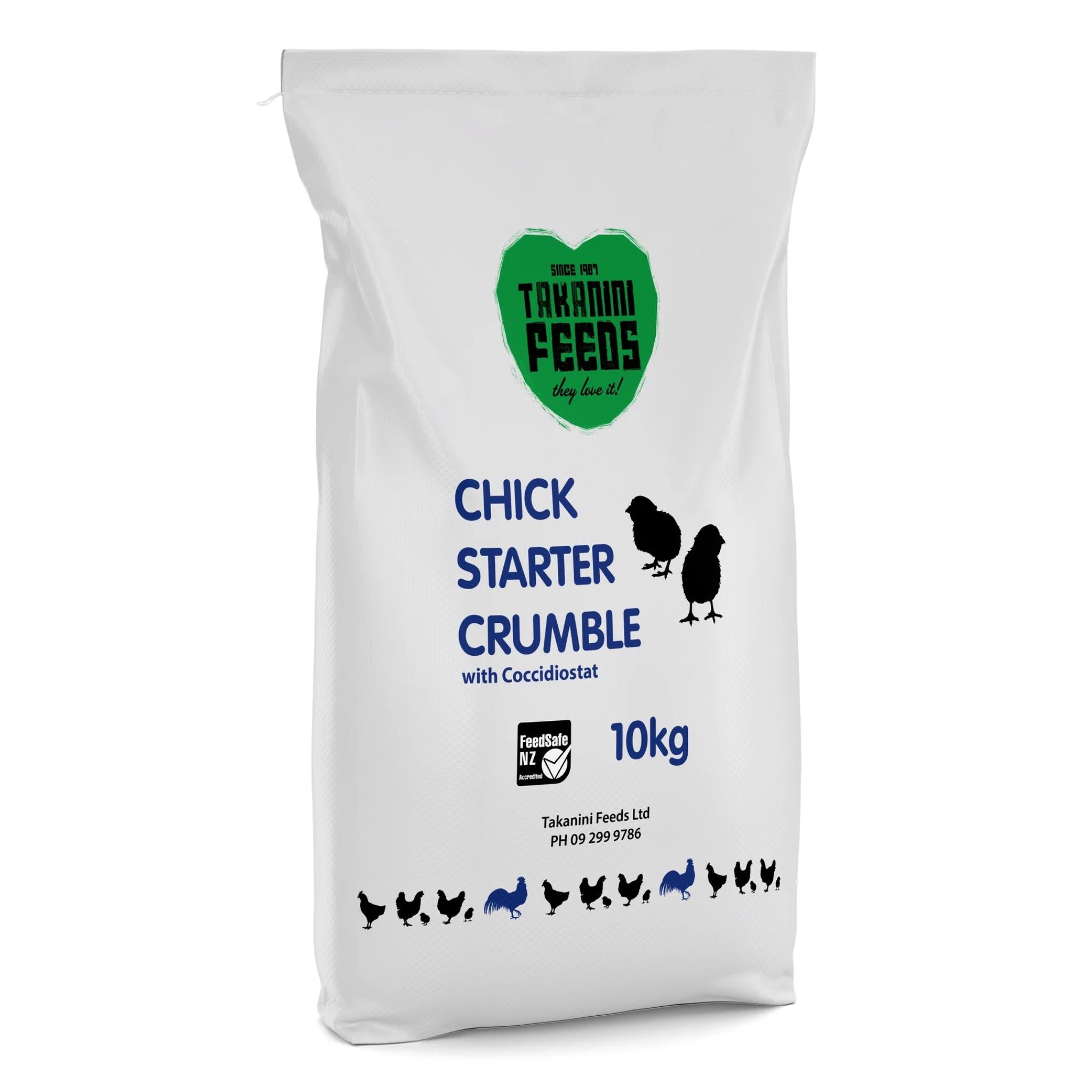 Takanini Feeds Chick Starter Crumble package on a white background