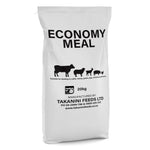 A 20kg bag of Takanini Feeds Economy Meal, which is a molasses-based feed for livestock including cattle, sheep, pigs, poultry, and goats.