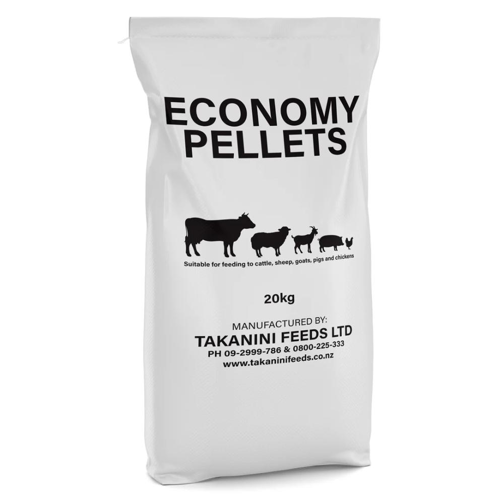 A 20kg bag of Takanini Feeds Economy Pellets for ruminants.